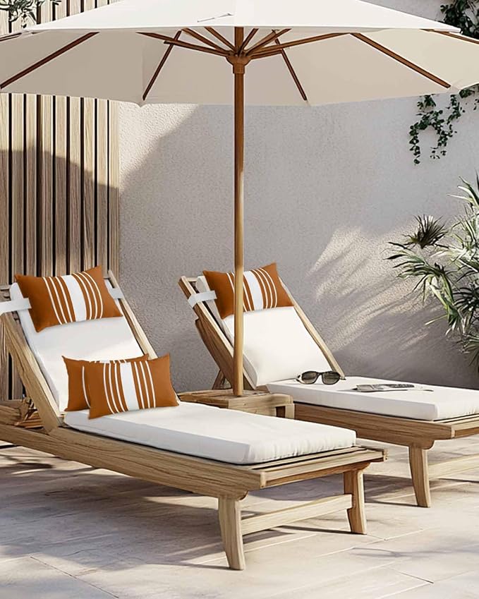 Chaise Lounge Chair Pillow with Strap & Insert Burnt Orange Vertical Stripes Outdoor Recliner Head Pillow Pack of 2 Classic Striped Waterproof Headrest Patio Lumbar Pillow for Beach Office Chair 12x20