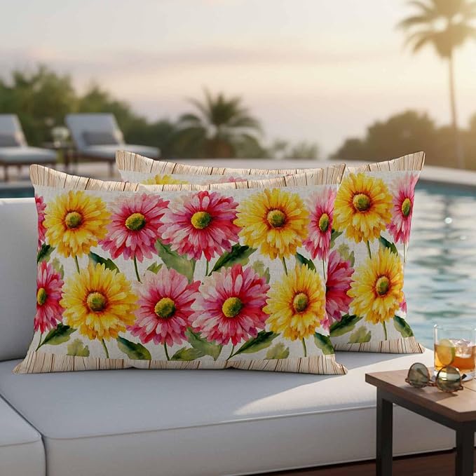 Yellow Pink Daisy Outdoor Pillow Covers 20"x12" Set of 2, Rustic Farmhouse Boho Brown Wood Grain Waterproof Throw Pillow Covers for Patio Furniture, Decorative Cushion Covers for Porch