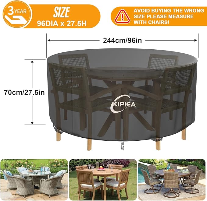 Kipiea Round Patio Table Cover Waterproof, Heavy-Duty Round Patio Furniture Covers, No Tears Anti UV No Fading (96" Dia x 28" H)