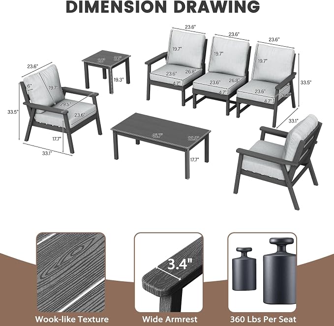 LOUNZY HDPE Patio Furinture Set, 6 Piece Sectional Sofa Outdoor Furniture Set, All Weather Outdoor Couch Set Patio Conversation Set for Deck, Lawn, Grey
