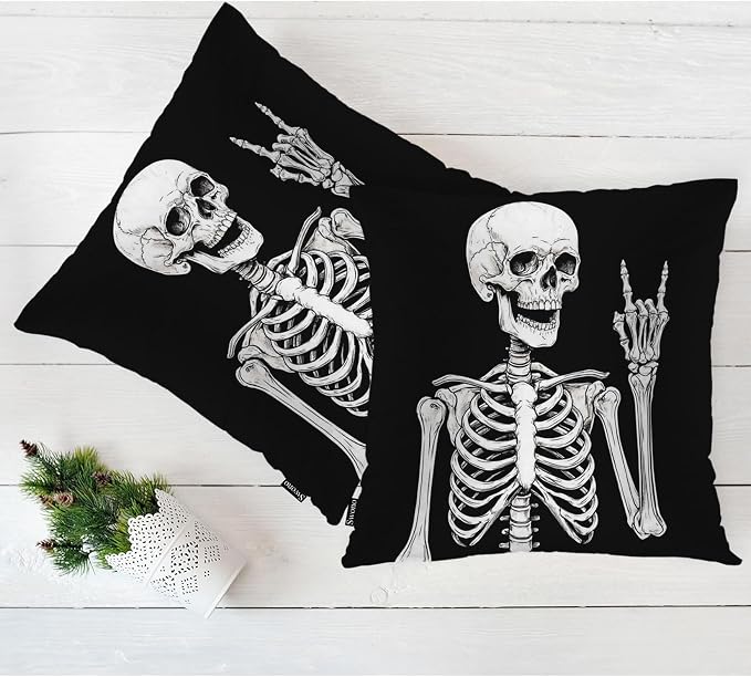 Swono Human Skeleton Throw Pillow Cases Pack of 2, Funny Human Skull Rock Music Square Cushion Covers Decor Pillow Covers for Couch Sofa Home Decoration 18 X 18 Inches Pillowcases, Black