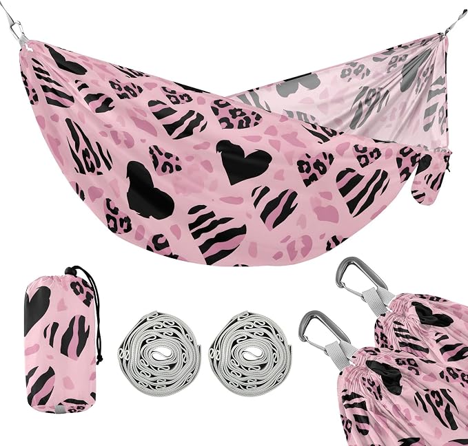 Camping Hammock Outdoor Hammocks for Outside Pink Heart-Shaped Leopard Beach Trees Portable Lightweight with Pockets Tree Straps Indoor