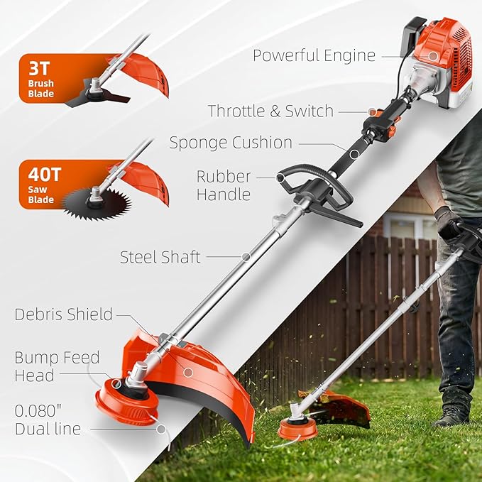 52cc Gas Powered Weed Eater String Trimmer, 3 in 1 Gas Weed Wacker, Powerful 2 Stroke Yard Tool,Quick Start Grass Cutter for Home Garden Lawn Trimming