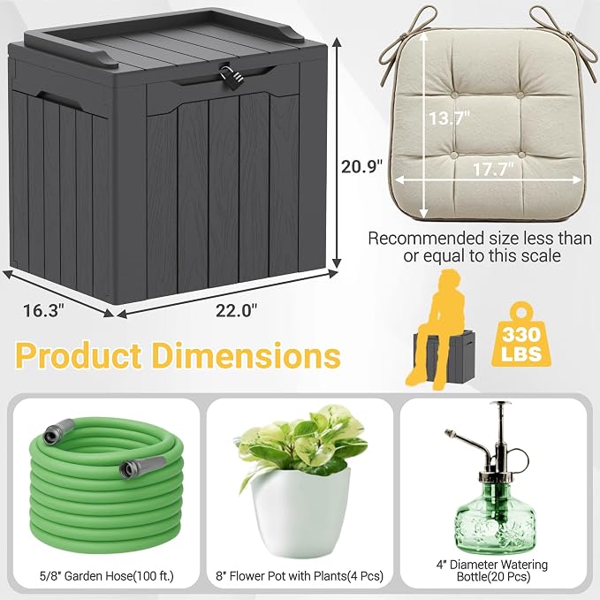 Greesum Outdoor Storage Box 31 Gallon Storage Box with Lid for Patio Furniture, Garden Tools, Pool Supplies, Waterproof and UV Resistant, Lockable, Dark Grey