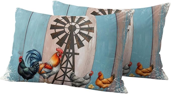 Rooster Hen Outdoor Pillow Covers 20"x12" Set of 2, Rustic Windmill Farmhouse Animal Wood Striped Country Waterproof Throw Pillow Covers for Patio Furniture, Decorative Cushion Covers for Porch