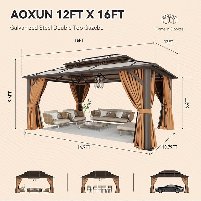 Aoxun 12'x16' Hardtop Gazebo, Outdoor Metal Gazebo with Double Polycarbonate Roof Canopy, Permanent Pavilion with Netting and Curtains for Lawn, Garden, Patio (Brown)