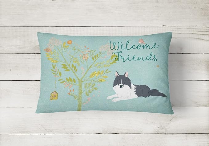 Caroline's Treasures BB7583PW1216 Welcome Friends Black White Collie Canvas Fabric Decorative Pillow Machine Washable, Indoor Outdoor Decorative Pillow for Couch, Bed or Patio, 12HX16W