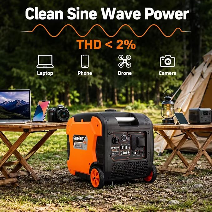 Genkins 4500W Portable Inverter Generator Gas Powered Pure Sine Wave Lightweight Quiet Electric and Remote Start Parallel Capability for Camping RV Home Backup