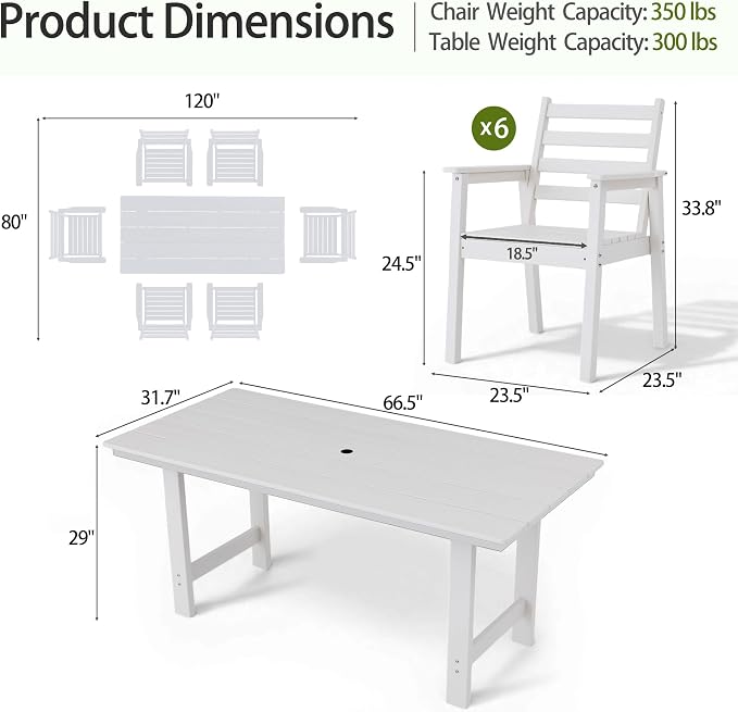 7-Piece Outdoor Dining Set, All-Weather HDPE Patio Furniture, 66.5" Slatted Table with 1.6" Umbrella Hole & 6 Ergonomic Armchairs, Heavy Duty 350lbs Capacity, UV Resistant, White