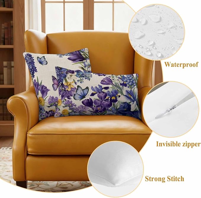 Outdoor Waterproof Pillow Covers for Patio Furniture Purple Blue Flowers Butterfly Throw Pillow Cover Watercolor Floral Linen Pillowcases Set of 2 Cushion Case for Sofa Couch Chair 20x20 inch