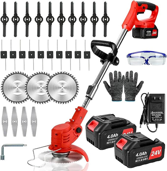 3-in-1 Cordless Grass String Trimmer, Brush Cutter & Edger Lawn Tool with 2X 24V 4.0Ah Li-ion Batteries, Telescopic Shaft and 17 Replacement Blades for Lawn Care, Garden & Yard Trimming (Red)