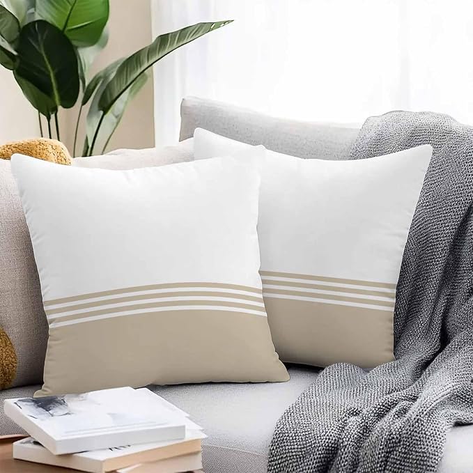 Throw Pillow Covers 16x16 Inch Set of 2, Beige White Striped Waterproof Outdoor Cushion Covers, Modern Abstract Art Aesthetics Decorative Pillowcases for Couch, Sofa, Bed, Garden, Patio