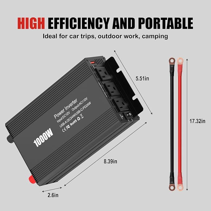 1000W Power Inverter for Vehicles,DC 12V to AC 110V Charger with USB-A Fast 24W&Type-C PD24W and Battery Inverters Cables,Converters for Home,Camping