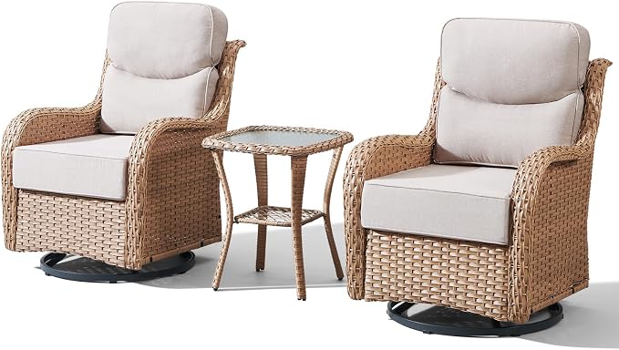 Luxury Outdoor Swivel Rocker Patio Chairs Set of 3, High Back Swivel Patio Chairs with Side Table & 6-Inch Thick Cushions, Wicker Outdoor Bistro Set for Porch, Yard, Deck, Poolside, Yellow/Beige