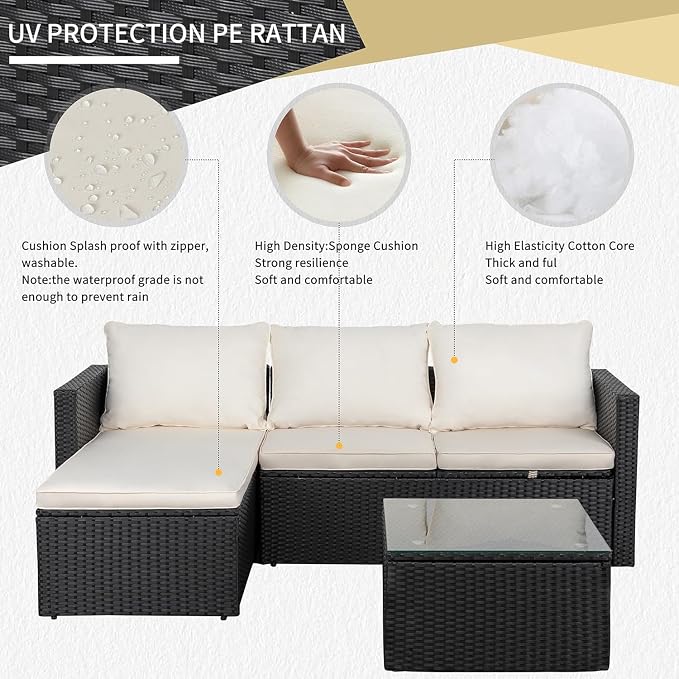 JAMFLY 3-Piece Outdoor Sectional Sofa Set with Glass Coffee Table, All-Weather PE Wicker Patio Furniture with Thick Cushions, Modular Conversation Set for Small Balcony, Deck & Porch, Beige