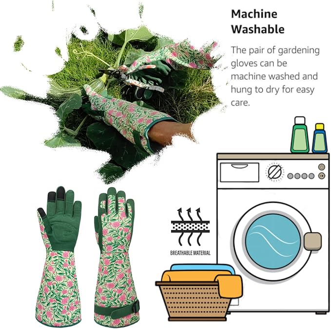 Thornproof Rose&Cactus Gardening Gloves,Gauntlet Garden Glove,Gifts | Canvas,Cute Floral Pattern,Leather Palm,Touchscreen,Durable Material,Garden Gift,Men&Women,Machine Washable,Adjustable Cuff