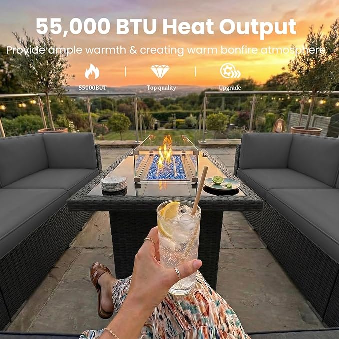 8 Pieces Patio Furniture Set with 44" Propane Gas Fire Pit Table, Outdoor Sectional Wicker Conversation Sofa Sets with Coffee Table