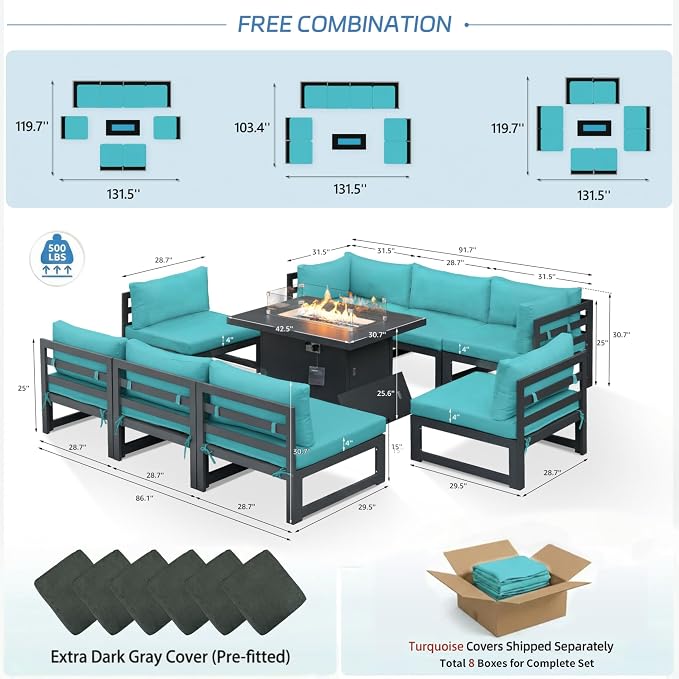 NICESOUL 9 Piece Modern Aluminum Patio Furniture Set with Fire Pit Table, 500 lbs Heavy Duty Outdoor Sectional Sofa, 29" Deep Wide Oversized Seating L Shaped Conversation Couch for Garden, Turquoise