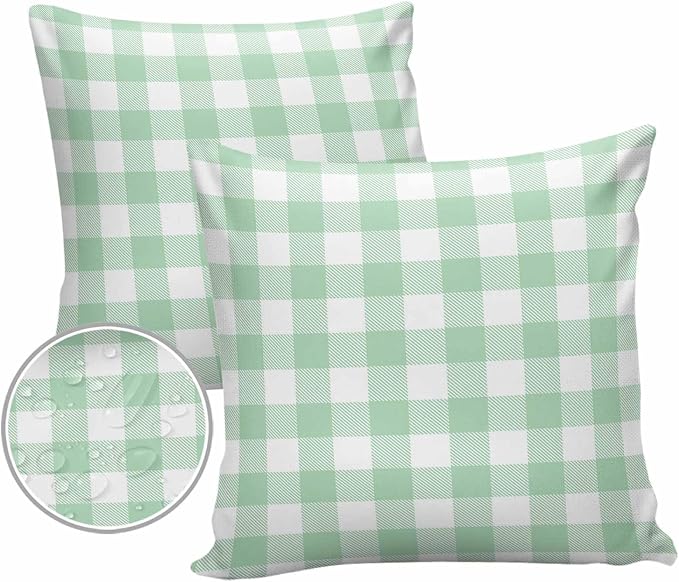 Outdoor Waterproof Throw Pillow Covers Set of 2 Light Green Buffalo Check Plaid Pillowcases 20x20 Inches Farmhouse Style Patio Decorative Pillows Cushion Case Patio Pillows for Couch Bed Chair Garden