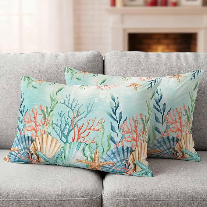 Lumbar Pillow Covers 20x12 Inch Set of 2, Ocean Starfish Seaweed Waterproof Outdoor Pillow Covers, Summer Coastal Beach Shell Coral Teal Decorative Cushion Pillowcases for Couch, Sofa, Bed, Patio
