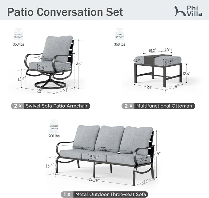PHI VILLA 5 PCS Patio Furniture Set,Metal Deluxe Patio Set with 1 x 3 Seater Deep Seating Bench, 2 x Swivel Sofa Chairs & 2 x Metal Cushioned Ottoman, Outdoor Patio Set for Garden, Grey
