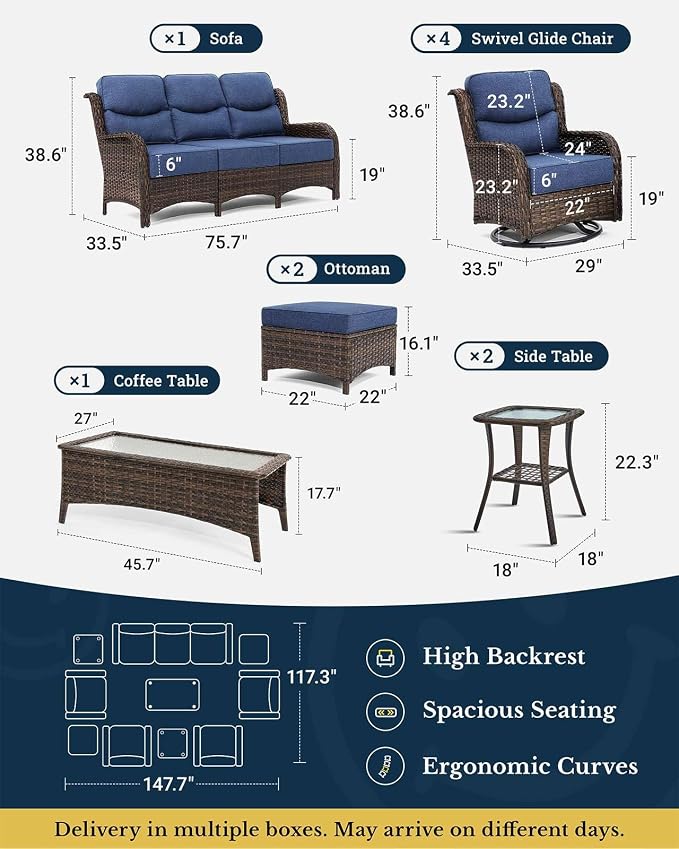 HILLGA Luxury Outdoor Patio Furniture Set with 6-Inch Thick Cushions, High Back Wicker Swivel Rocker Chairs, 10 Pcs All Weather Furniture Set for Large Deck, Yard and Poolside, Blue (V3)