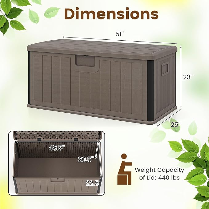 Giantex 100 Gallon Deck Box, Waterproof Resin Box with Lockable Lid, 440Lbs Outdoor HDPE Storage Container Bench for Patio Furniture Cushions, Pool Tools & Garden Accessories (Brown)