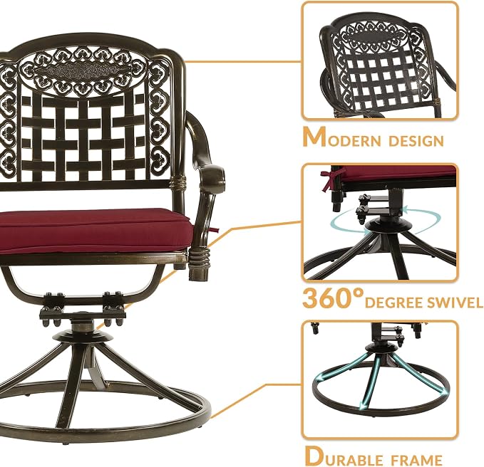 7-Piece Outdoor Patio Dining Set, 60” Rectangular Cast Aluminum Dining Table with Umbrella Hole and 4 Stationary, 2 Swivel Rocker Chairs, 6 Cushioned, Backyard, Patio, Garden, Red