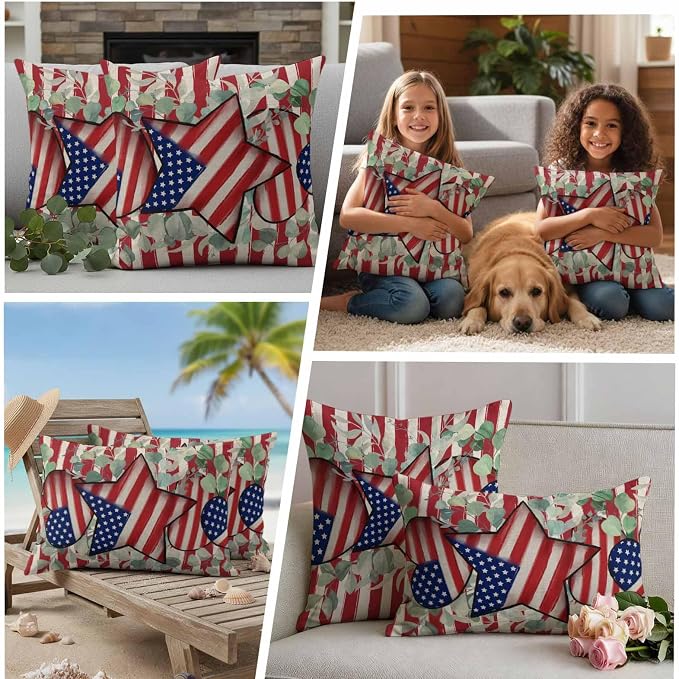 Stars Stripes Flag Waterproof Outdoor Pillow Covers Set of 2 Home Decor, Independence Day Eucalyptus Leaf Pillowcase Patio Pillow Covers for Couch Bench Furniture Garden 26x26in