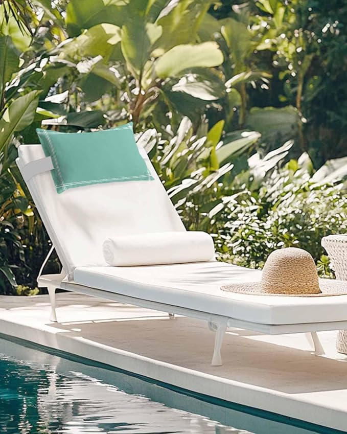 Outdoor Pillow for Lounge Chair with Strap & Insert Mint Green Turquoise Recliner Head Pillow Solid Teal Color Waterproof Headrest Patio Lumbar Pillows for Beach Pool Office Chaise Chair 12x20 Inch