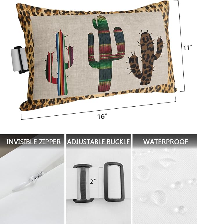 Outdoor Pillows Covers with Inserts Mexico Cactus Leopard Print Background Waterproof Recliner Pillow with Adjustable Strap Throw Pillows for Patio Furniture Pool Lounge Chair, 11x16 inch, 2PCS