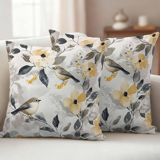 Outdoor Pillow Covers 18x18 Pack of 2, Abstract Bird Floral Artwort Decorative Pillow Cover Waterproof Pillowcase, Country Pastoral Style Farmhouse Cushion Covers for Garden Patio Sofa Couch Bench
