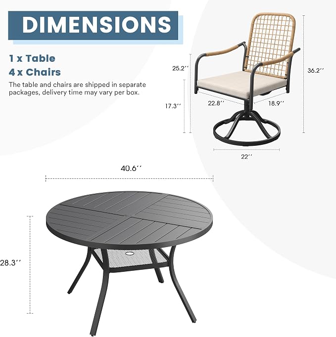 DIFY 5 Pieces Outdoor Dining Set, Metal Patio Table and Chairs Set for 4, 40.6" Round Dining Table with Umbrella Hole & Wicker Swivel Patio Chairs with Cushions, Black Tabletop