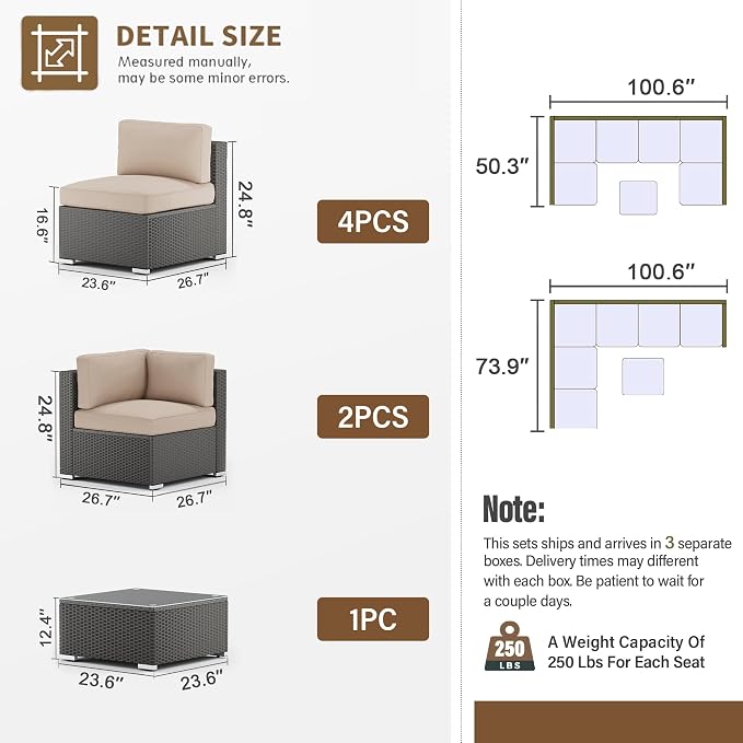 SUNCROWN 7-Piece Outdoor Patio Furniture Sofa Set All-Weather Wicker Sectional Conversation Set with Modern Glass Coffee Table, Cushions and A Waterproof Cover, Backyard, Garden (Brown)