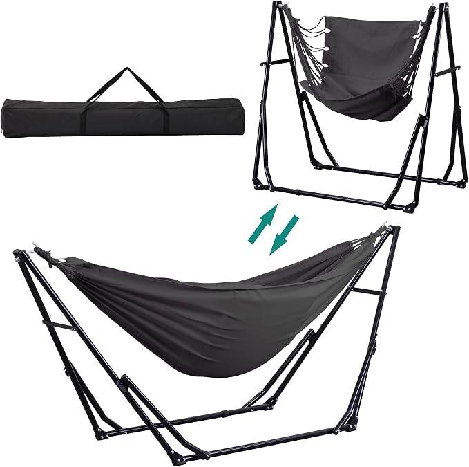 Ainfox Hammock with Foldable Stand, 2 in 1 Hammock and Swinging Chair with Carrying Bag, Portable Camping Chair Suitable for Outside, Swing,Patio,Garden,Camping Trip Grey