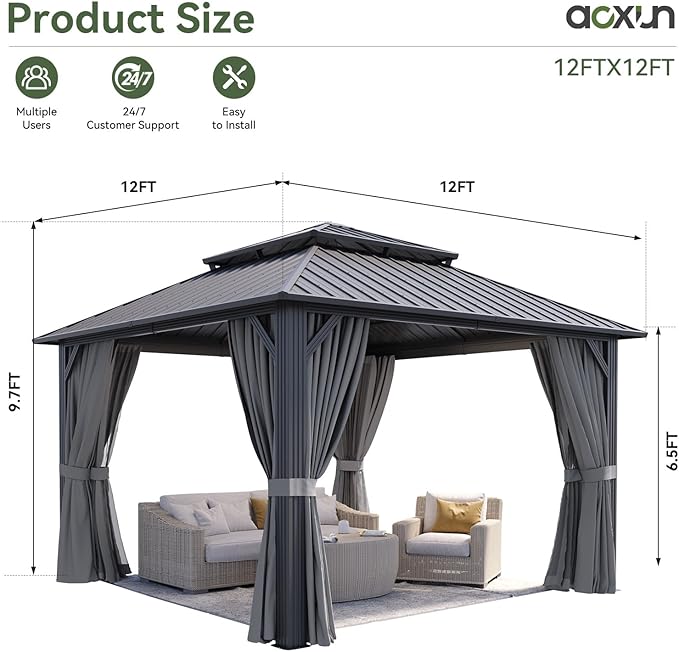 Aoxun 12Ft X 12Ft Hardtop Gazebo, Aluminum Metal Outdoor Gazebo with Breathable Netting and Curtains, Galvanized Steel Double Top, Permanent Patio Pavilion for Backyard, Wedding, Party