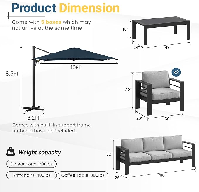 Wisteria Lane 5 Pieces Aluminum Patio Furniture Set with Umbrella, All Weather Oversized Outdoor Furniture Set with Deep Seat and Back Cushion, Patio Conversation Sets Wide armrest, Light Gray & Navy