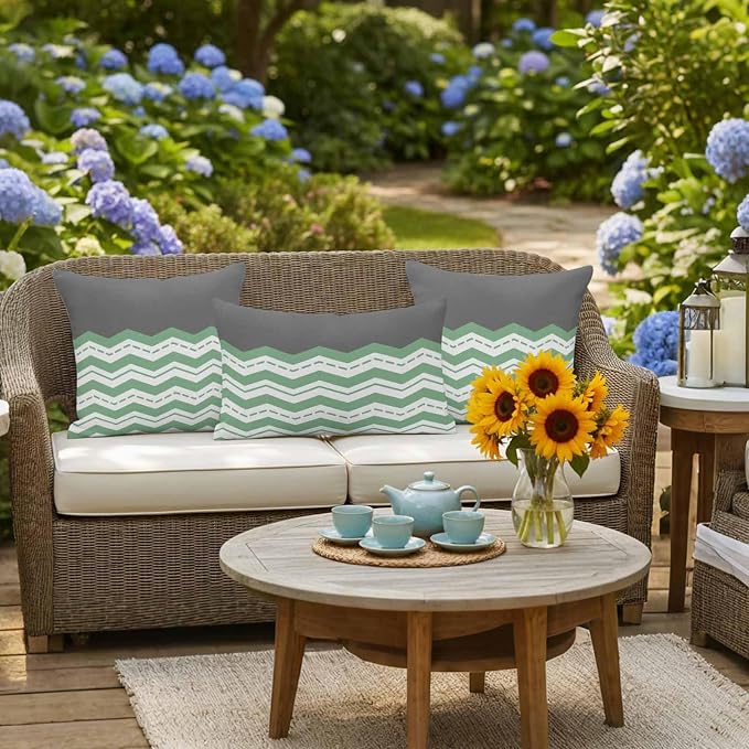 Green Chevron Waterproof Outdoor Pillow Covers Set of 2 Home Decor, Geometric Grey Print Wavy Striped White Pillowcase Patio Pillow Covers for Couch Bench Furniture Garden 20x20in