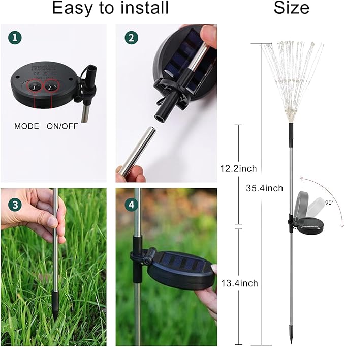 Solar Garden Firework Lights Outdoor Waterproof, 2 Pack 200 LED 8 Lighting Modes Sparklers Solar Twinkling Starburst Lights for Yard Flowerbed Pathway Fence Decorations, Warm White, Copper Wire