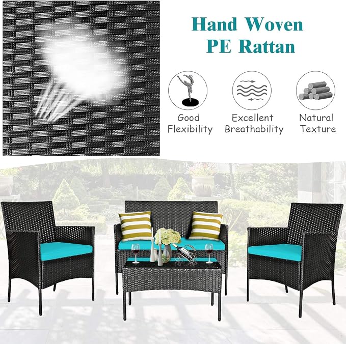 DORTALA Wicker Patio Furniture Set 8 Piece, Rattan Outdoor Table and Chairs Set with Loveseat, Cushions, All Weather Balcony Conversation Sofa Set for Porch, Backyard, Deck, Turquoise