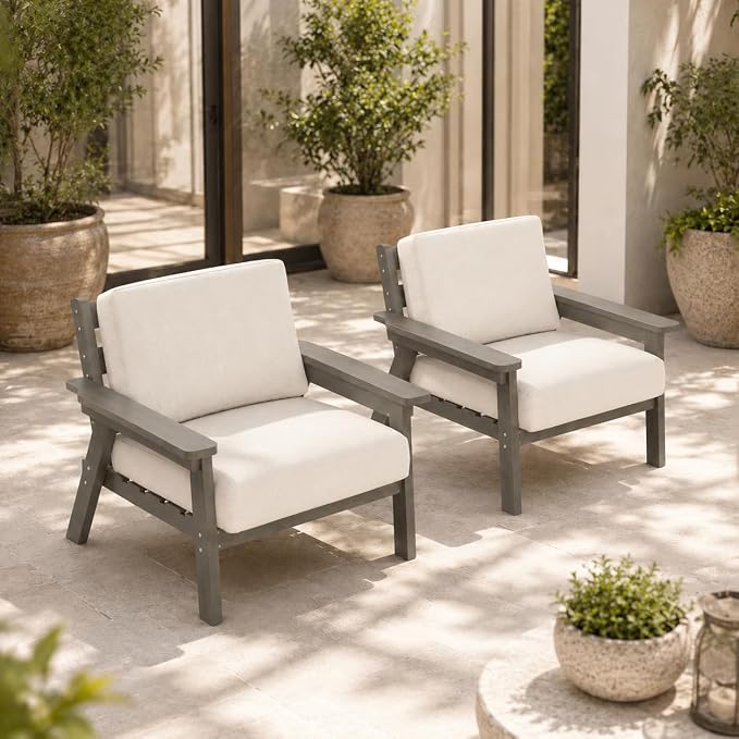 2 Piece HDPE Outdoor Furniture Set with Beige Cushions (Gray Frame) | All-Weather HDPE, Modular Design, Extra-Deep Seating, Thick Cushions, Ideal for Backyard, Deck & Porch