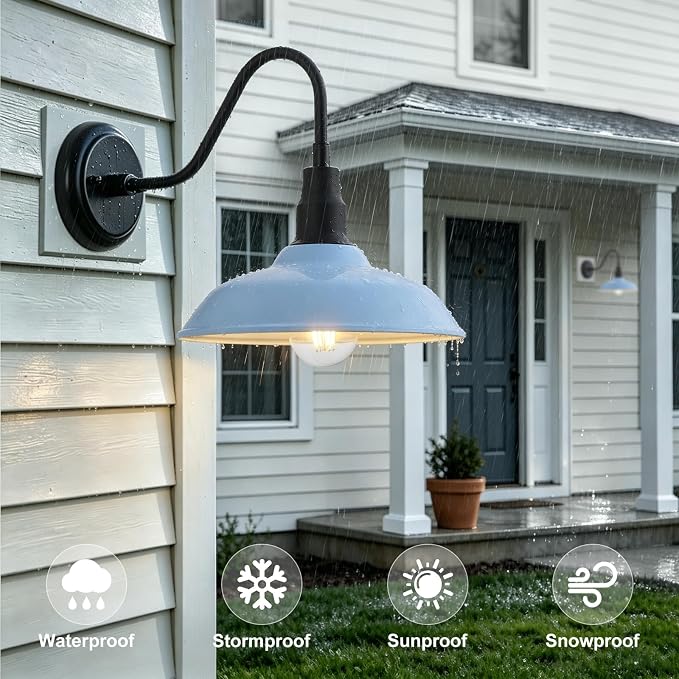 10 Inch Dome Gooseneck Barrn Light Outdoor, Baby Blue Goose Neck Farmhouse Outdoor Lights Fixture, Barn Style Exterior Wall Lighting Fixtures for Garage, Porch, Entryway