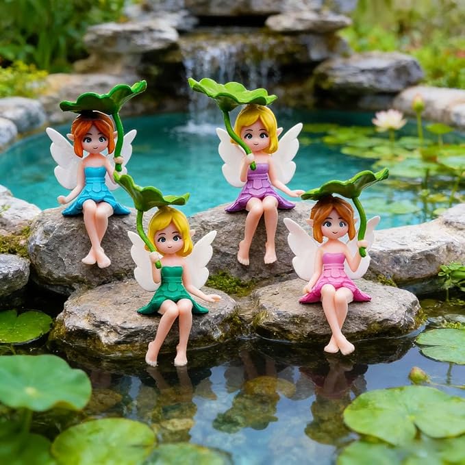 Miniature Fairy Figurines - 4Pcs Flower Small Fairies Ornaments Resin Mini Fairy Figurines Tiny Elf for DIY Fairy Garden Flower Pot Bonsai Micro Landscapes Craft Decoration Accessories (lotus leaf)