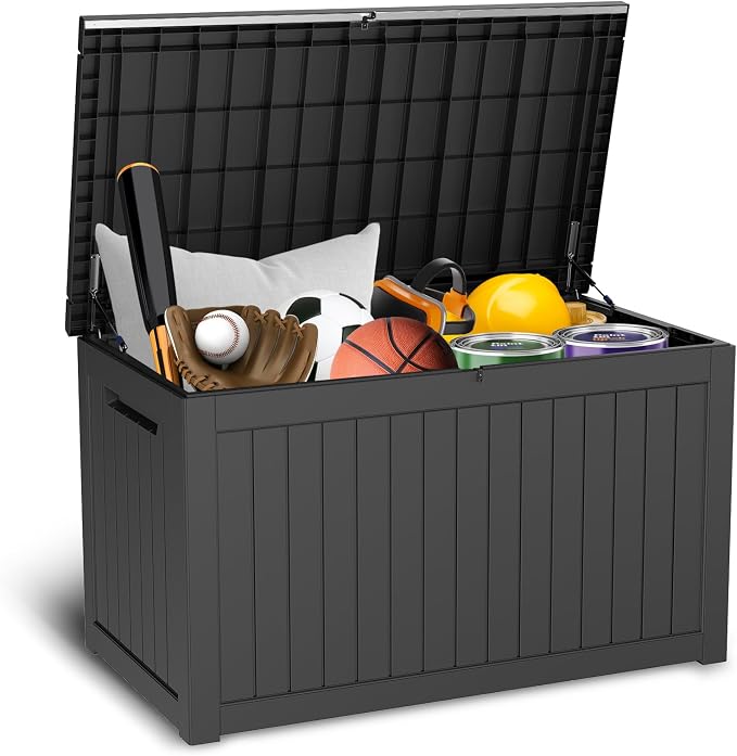 230 Gallon Deck Box, Waterproof Resin Large Outdoor Storage Box, Lockable Patio Storage for Furniture Cushions, Gardening Tools, Pool Supplies, Black, 57.5"x31.9"x33.9"