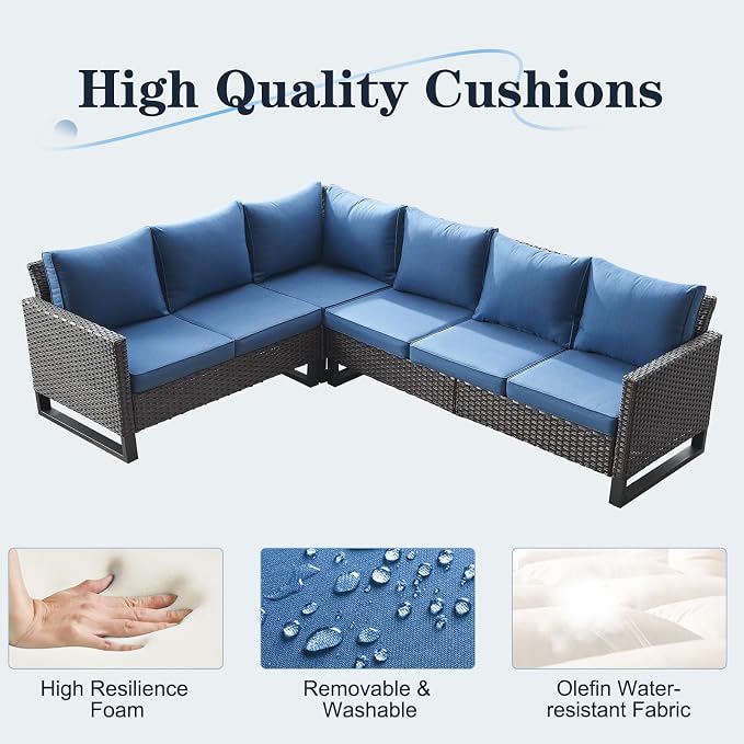 Belord Outdoor Sectional Sofa 6 Seater L Shaped Couch Wicker Patio Conversation Furniture Set Rattan Outdoor Furniture with Removable Washable Cushion, Brown/Blue
