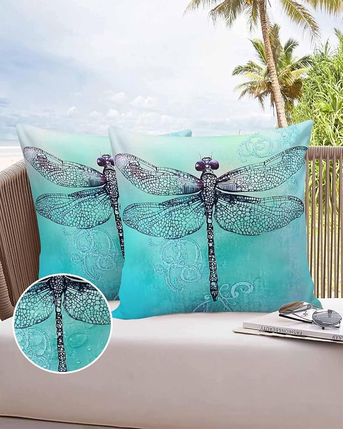 Vandarllin Outdoor Throw Pillows Covers 24x24 inch Set of 2 Waterproof Watercolors Dragonfly Decorative Zippered Cushion Covers for Patio Furniture, Teal Painting Lumbar Pillowcases