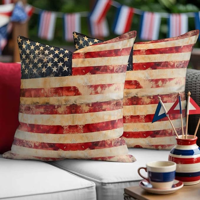 Independence Day Outdoor Pillow Covers 24"x24" Set of 2, Retro Country American Flag Waterproof Throw Pillow Covers for Patio Furniture, Decorative Cushion Covers for Porch
