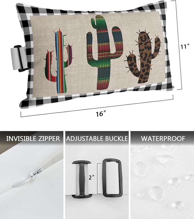 Outdoor Pillows Covers with Inserts Mexico Cactus Black and White Plaid Waterproof Recliner Pillow with Adjustable Strap Throw Pillows for Patio Furniture Pool Lounge Chair, 11x16 inch, 1PCS