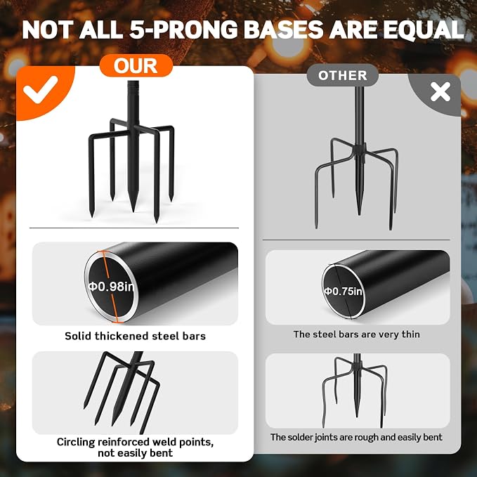 String Light Poles for Outside, 10ft Outdoor Poles for String Lights, Heavy Duty Stepped-in 5-Prong Base Light Pole for Backyard, Patio, Garden, Wedding & Party Decor (4 Pack)