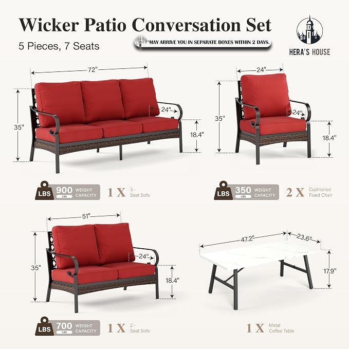 HERA'S HOUSE 5 Piece Metal Patio Furniture Set, 7 Seats All Weather Outdoor Conversation Set, 3 Seat Sofa with Loveseat, 2 Fixed Chairs, Coffee Table for Backyard, Garden, Deck, Red